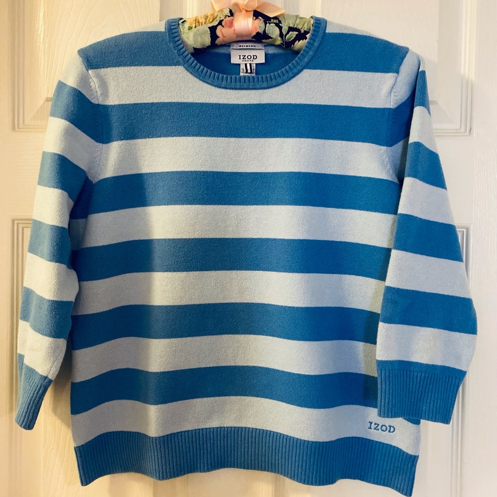Izod Blue and White Crew Neck Sweater with Bold Stripes